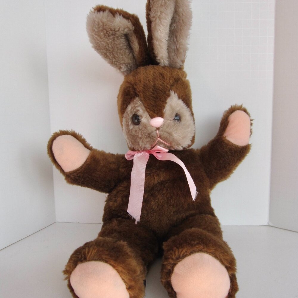 Vintage 80s Elka Plush Brown Bunny Rabbit w Pink Nose 20” Stuffed Animal EASTER